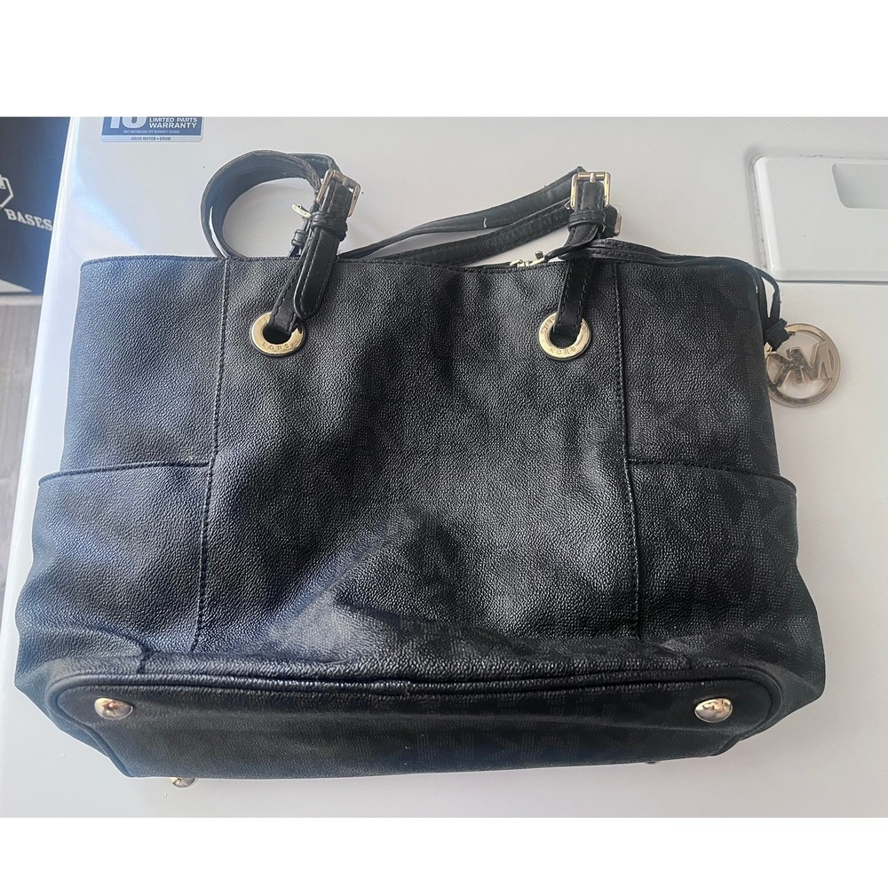 Michael Kors Bedford Black Pebbled Leather Monogram Tote Bag Gold Tone Hardware